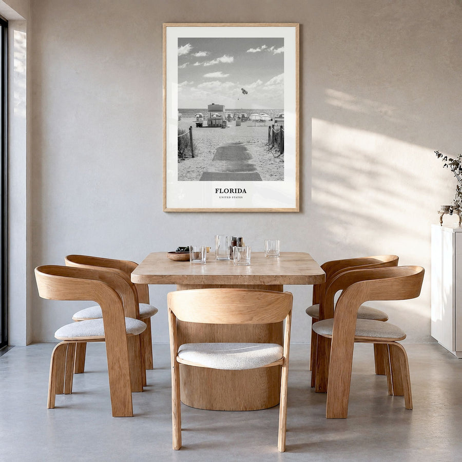 Florida Classic No 1 Poster in a natural wood frame, hanging in a dining room