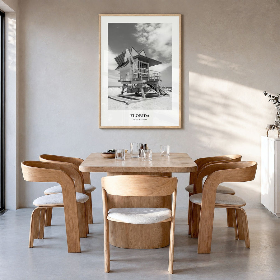 Florida Classic No 2 Poster in a natural wood frame, hanging in a dining room