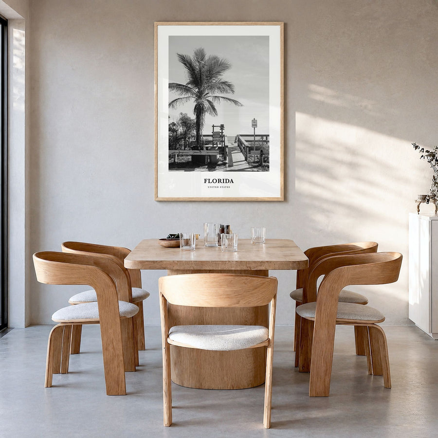 Florida Classic No 3 Poster in a natural wood frame, hanging in a dining room