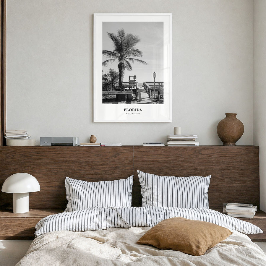 Florida Classic No 3 Poster in a white wood frame, hanging in a bedroom