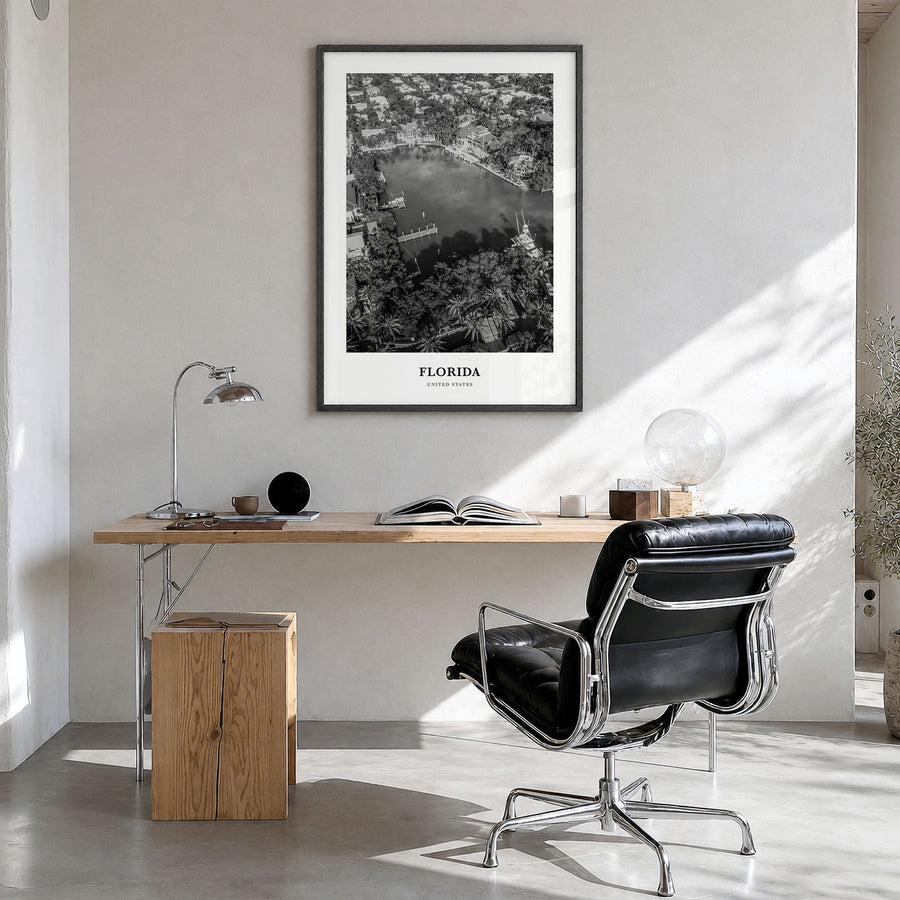 Florida Classic No 4 Poster in a black wood frame, hanging in a bright home office