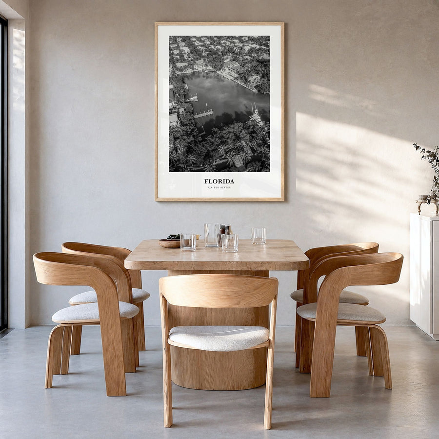 Florida Classic No 4 Poster in a natural wood frame, hanging in a dining room