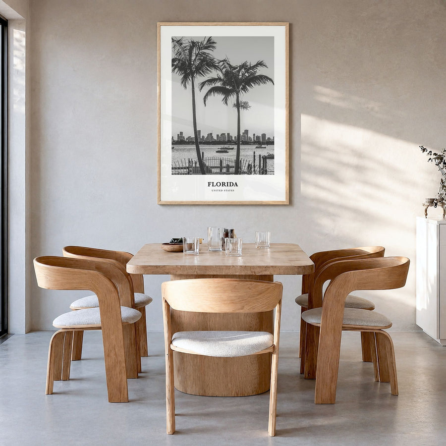 Florida Classic No 5 Poster in a natural wood frame, hanging in a dining room