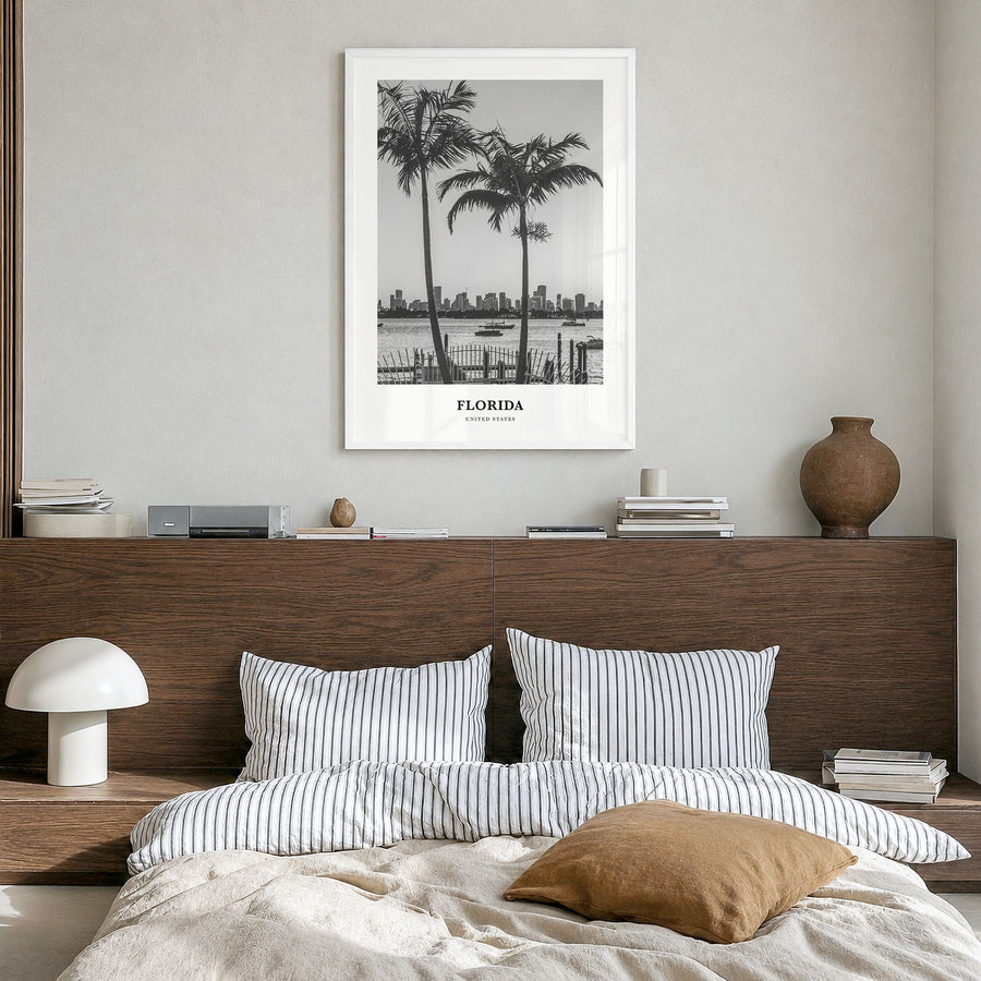 Florida Classic No 5 Poster in a white wood frame, hanging in a bedroom