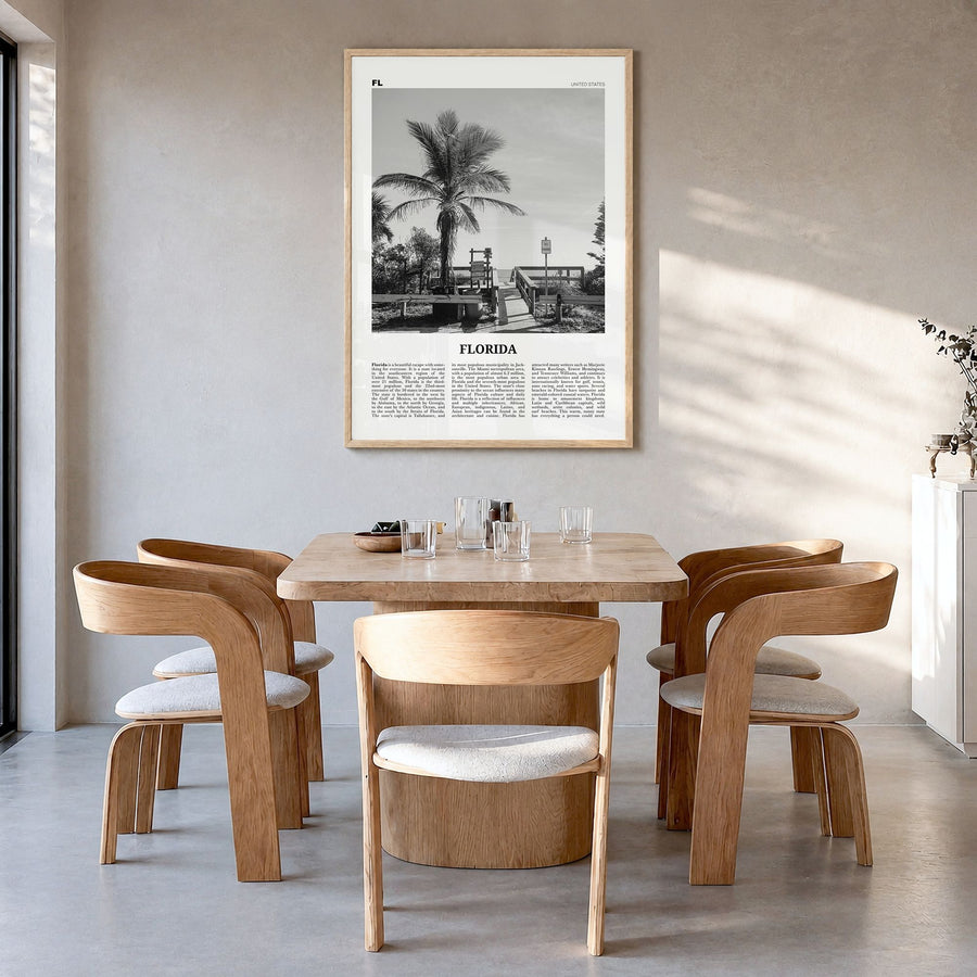Florida Newspaper No 1 Poster in a natural wood frame, hanging in a dining room