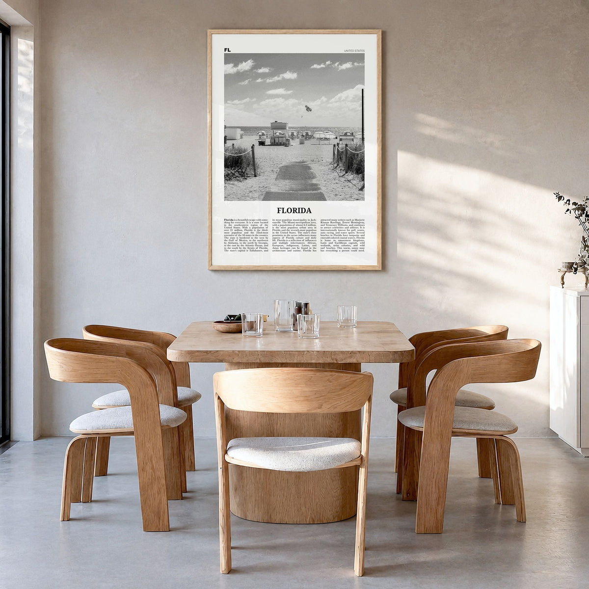Florida Newspaper No 2 Poster in a natural wood frame, hanging in a dining room