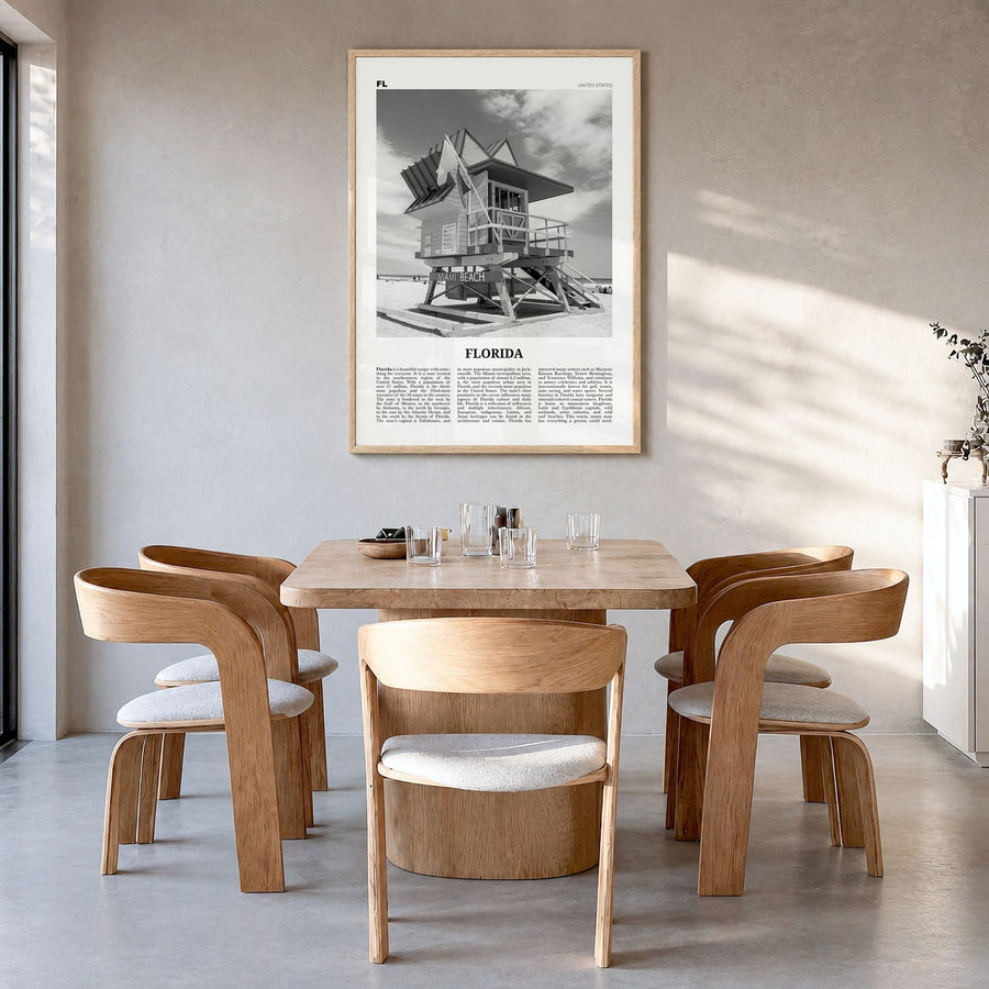 Florida Newspaper No 5 Poster in a natural wood frame, hanging in a dining room