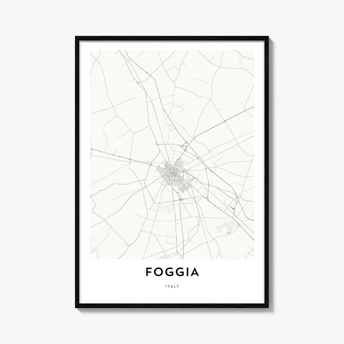 Foggia black & white map poster of Italy – vertical wall art, unframed print shown in interior mockup