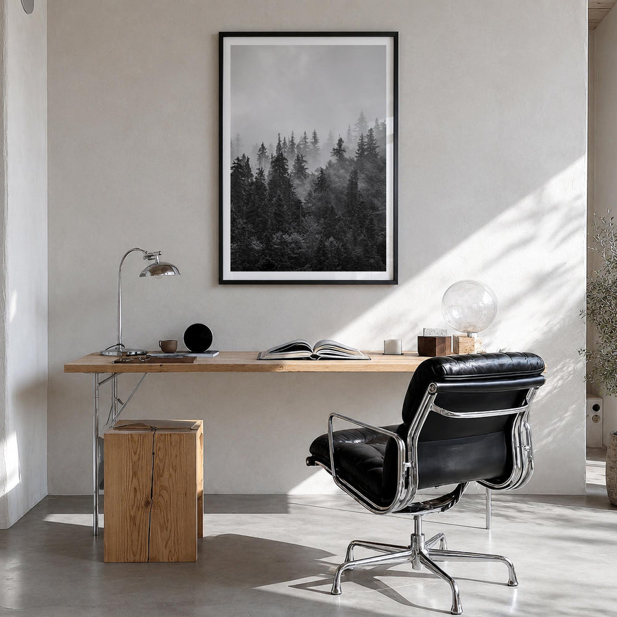 Foggy Forest no. 1 black & white photo poster – vertical wall art in black wood frame with white border, hanging on wall