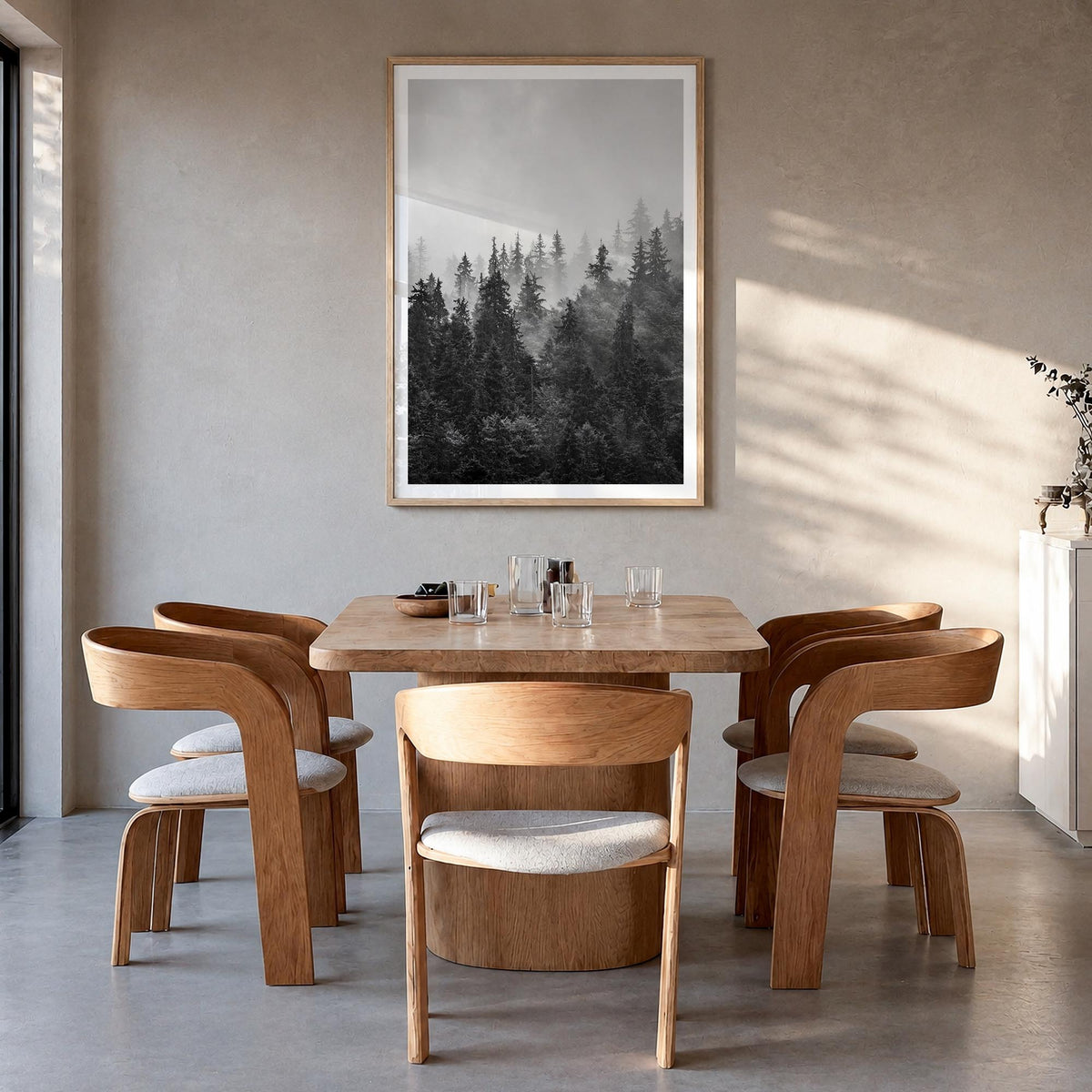 Foggy Forest no. 1 black & white photo poster – vertical wall art in natural wood frame with white border, hanging on wall