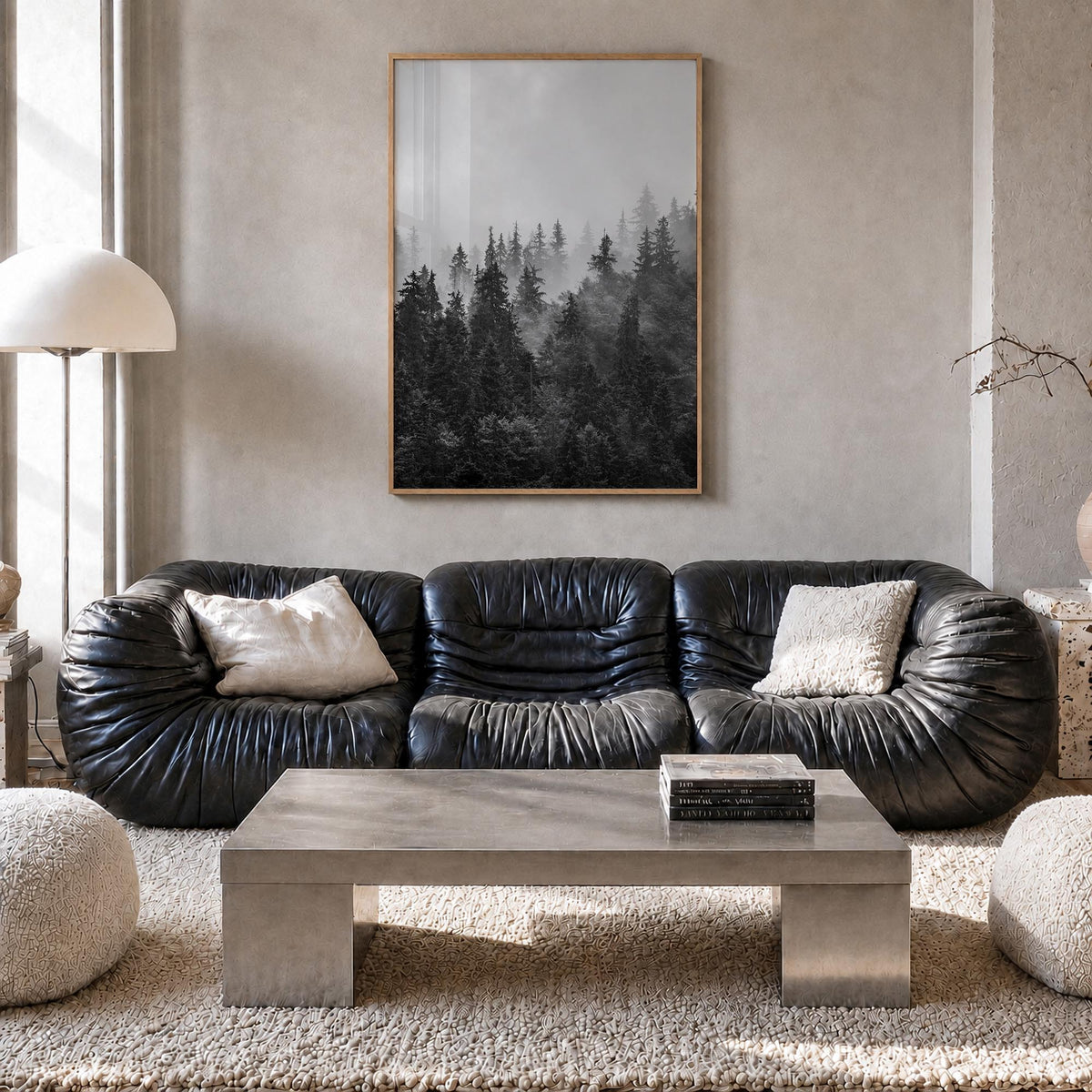 Foggy Forest no. 1 black & white photo poster – vertical wall art in natural wood frame, hanging on wall