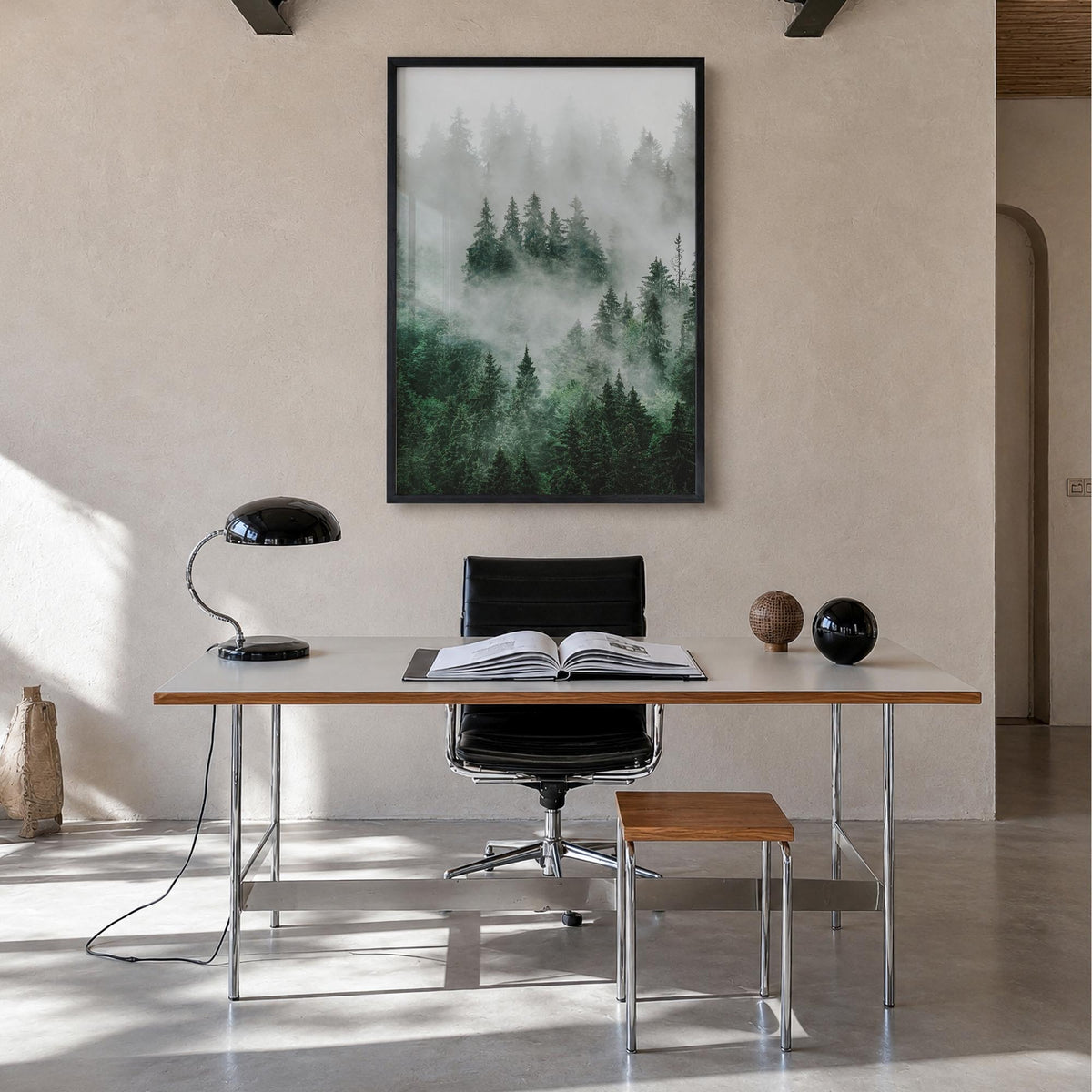 Foggy Forest no. 1 colorful photo poster – vertical wall art in black wood frame, hanging on wall
