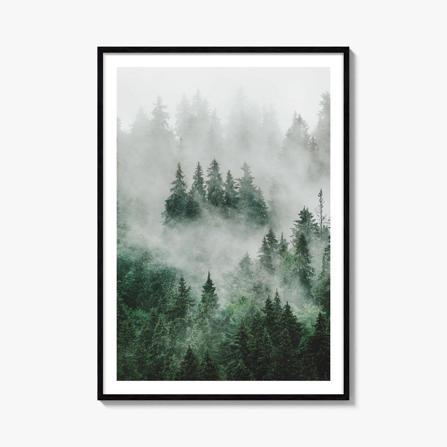 Foggy Forest no. 1 colorful photo poster – vertical wall art, unframed print shown in interior mockup