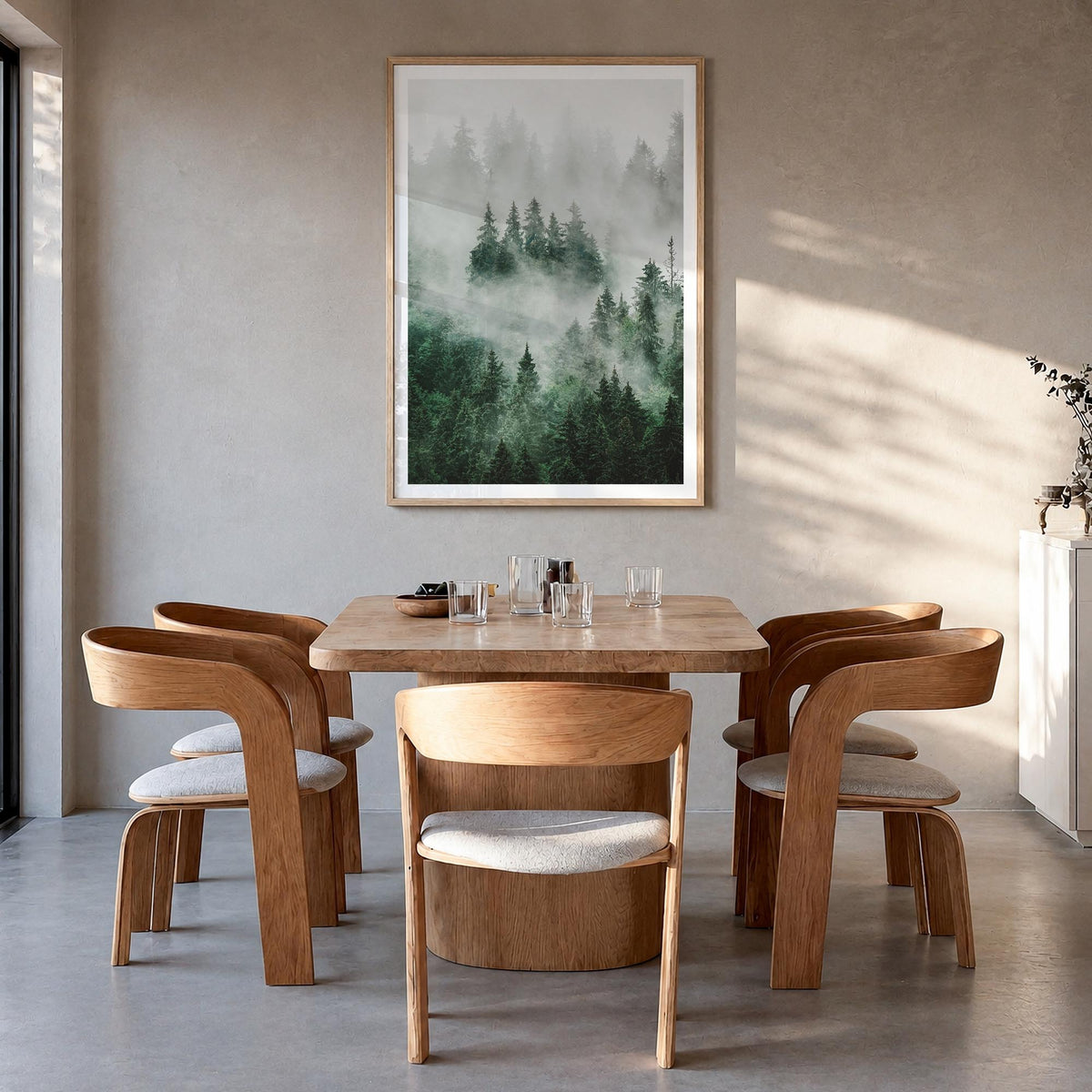 Foggy Forest no. 1 colorful photo poster – vertical wall art in natural wood frame with white border, hanging on wall