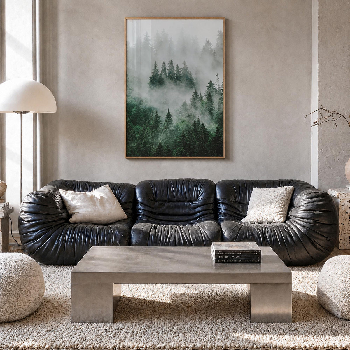 Foggy Forest no. 1 colorful photo poster – vertical wall art in natural wood frame, hanging on wall