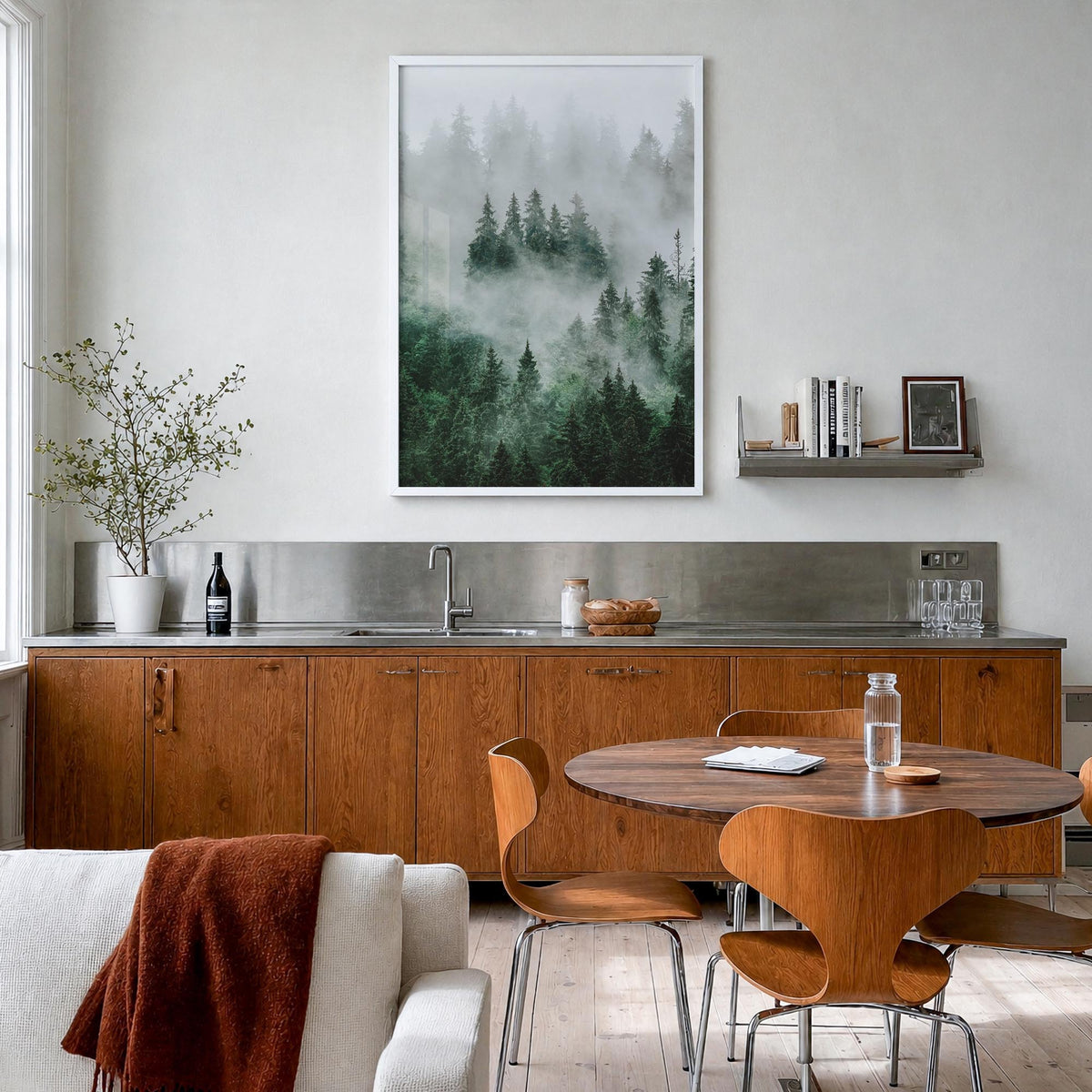 Foggy Forest no. 1 colorful photo poster – vertical wall art in white wood frame, hanging on wall