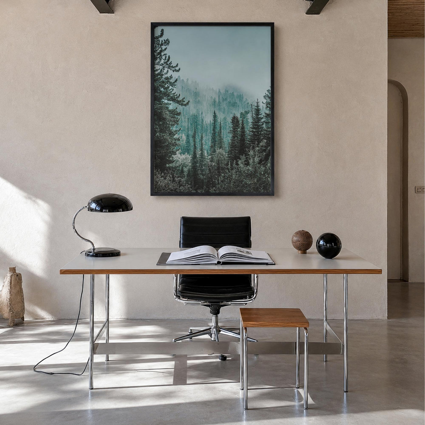 Foggy Forest no. 2 colorful photo poster – vertical wall art in black wood frame, hanging on wall