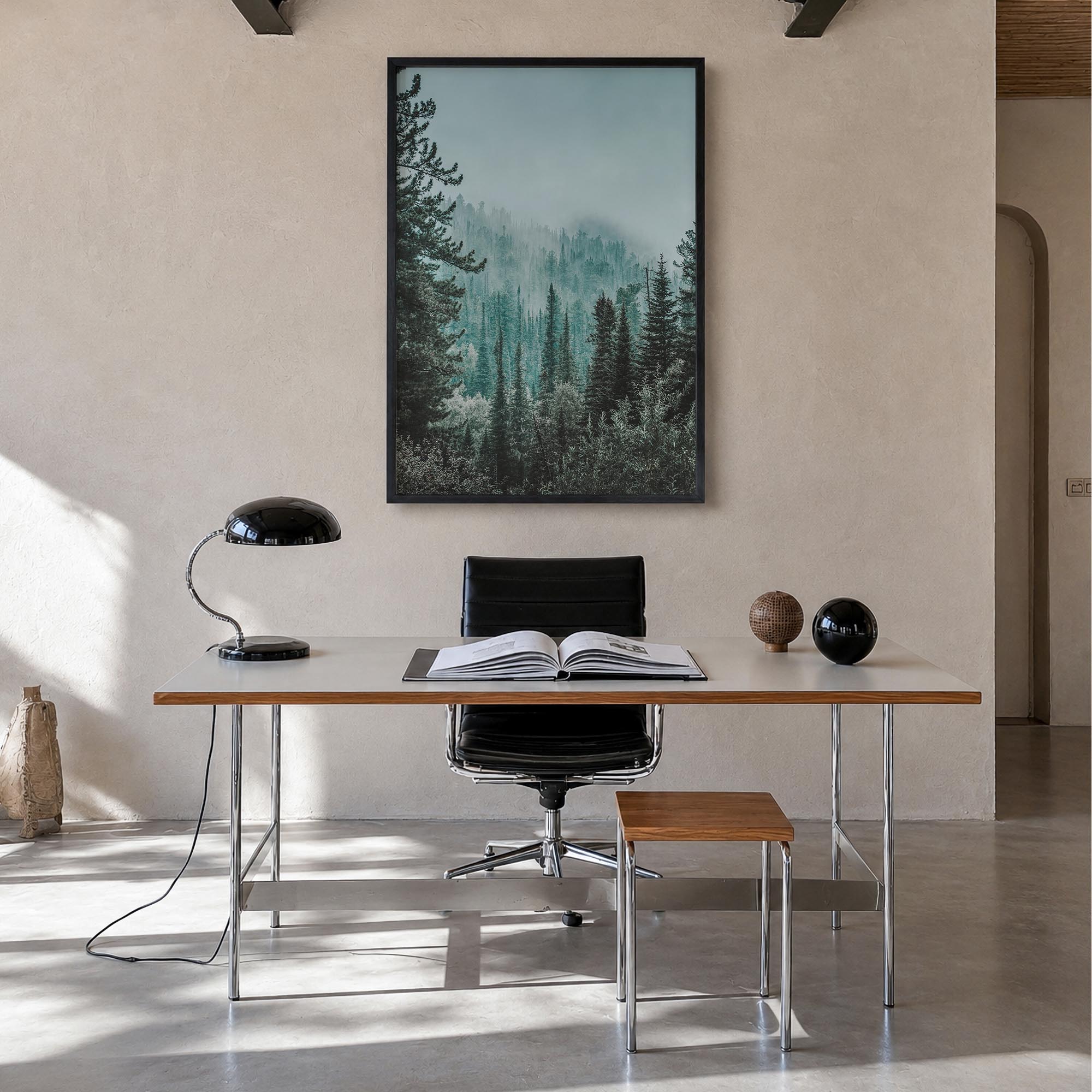 Foggy Forest no. 2 colorful photo poster – vertical wall art in black wood frame, hanging on wall