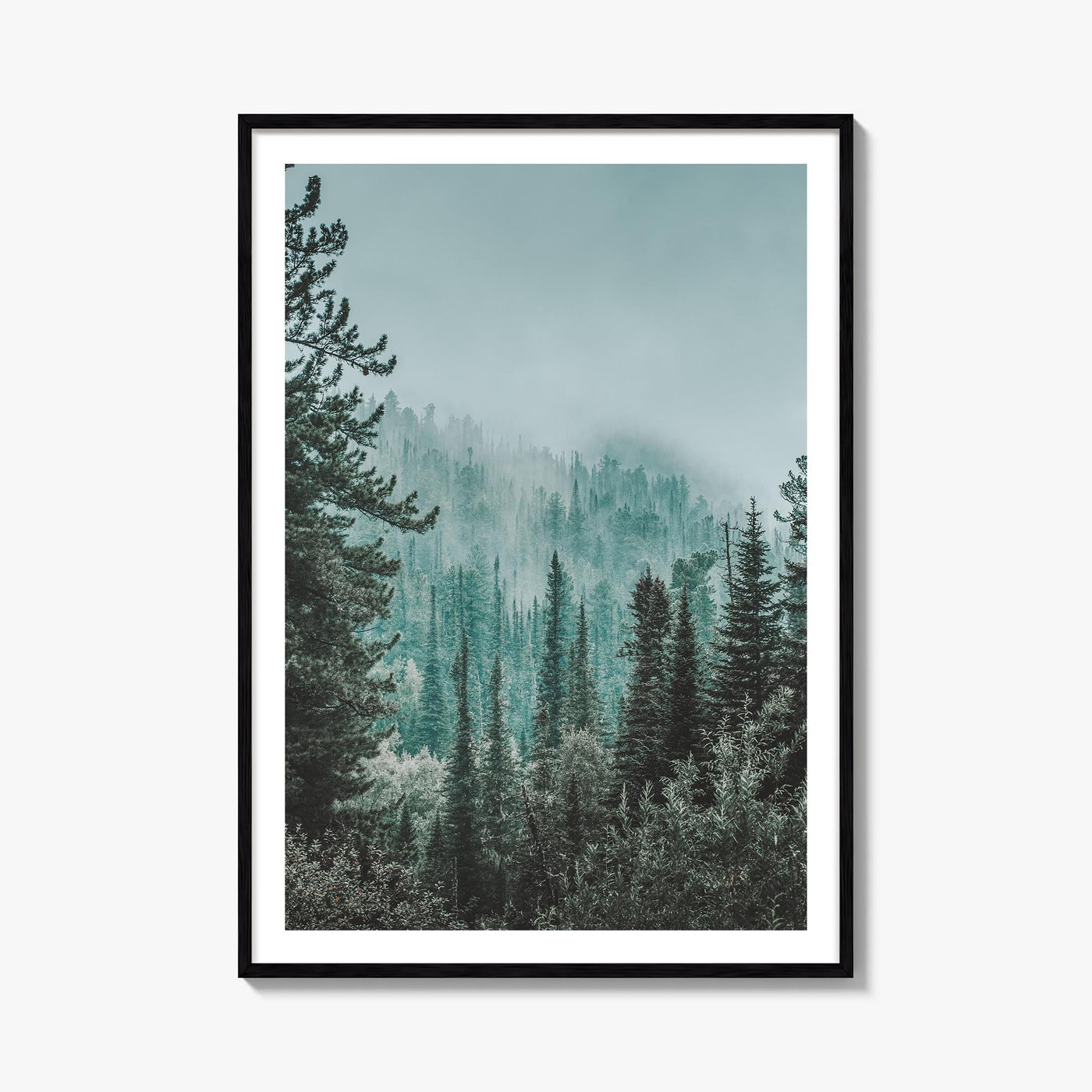 Foggy Forest no. 2 colorful photo poster – vertical wall art, unframed print shown in interior mockup