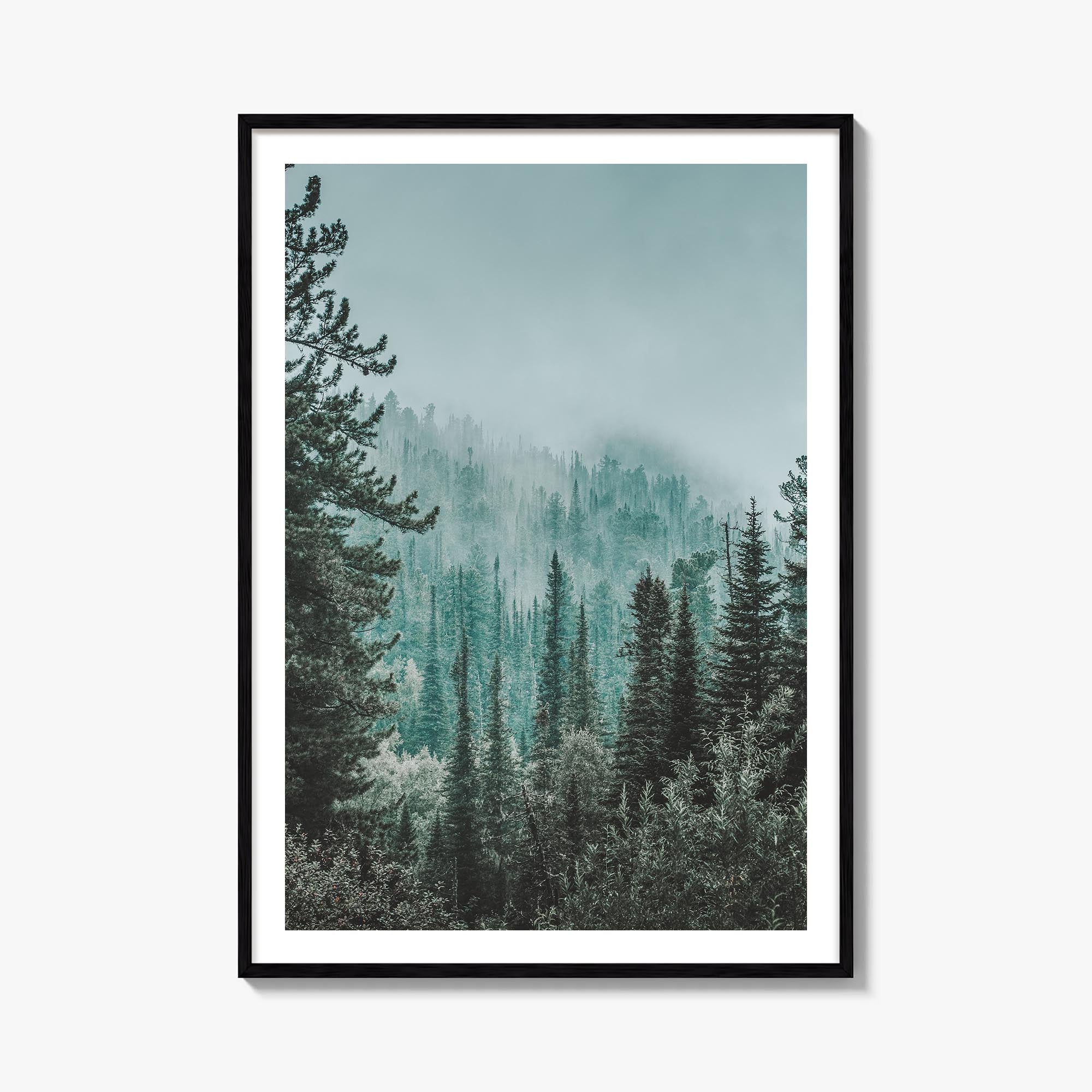 Foggy Forest no. 2 colorful photo poster – vertical wall art, unframed print shown in interior mockup