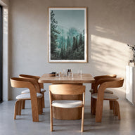 Foggy Forest no. 2 colorful photo poster – vertical wall art in natural wood frame with white border, hanging on wall