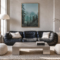 Foggy Forest no. 2 colorful photo poster – vertical wall art in natural wood frame, hanging on wall
