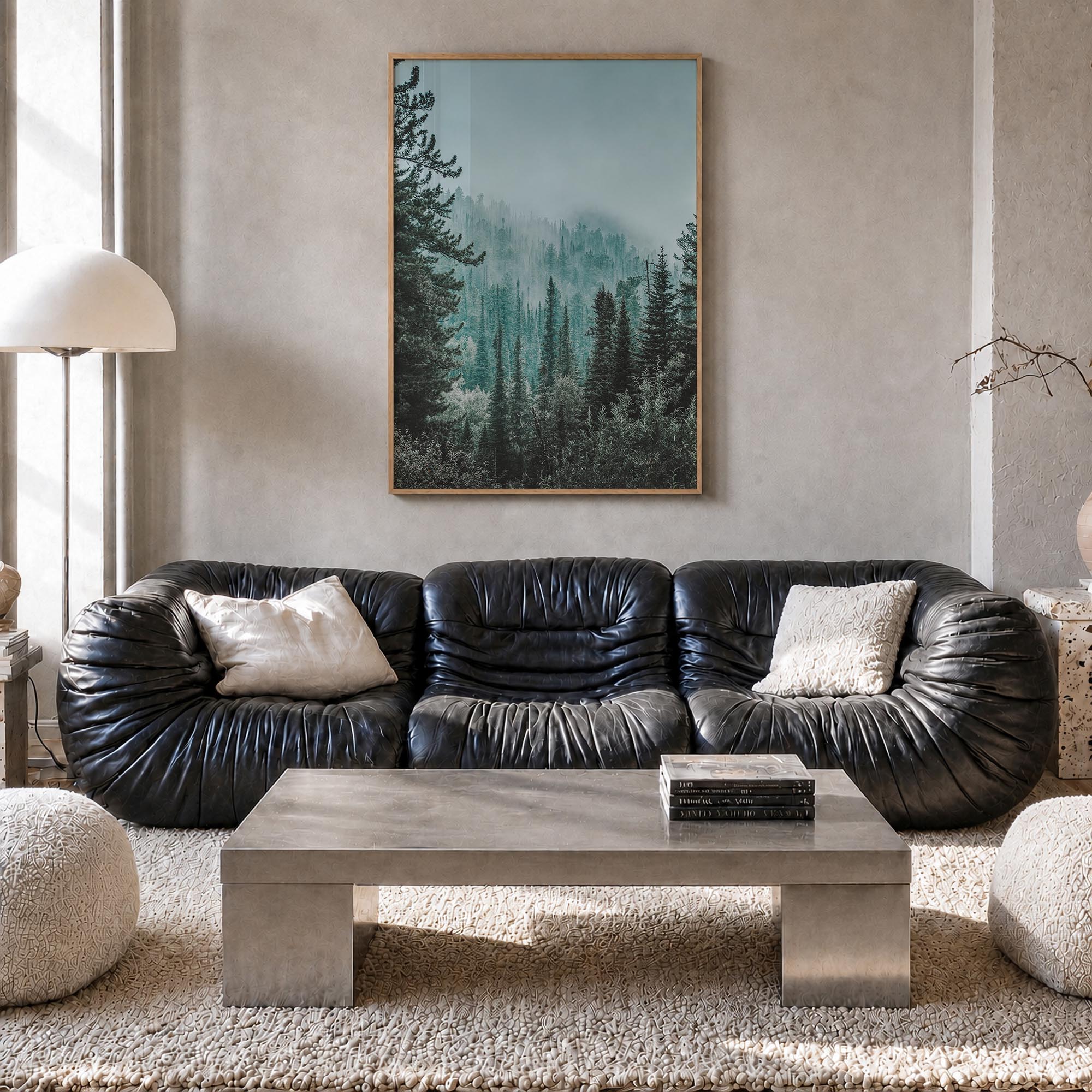 Foggy Forest no. 2 colorful photo poster – vertical wall art in natural wood frame, hanging on wall