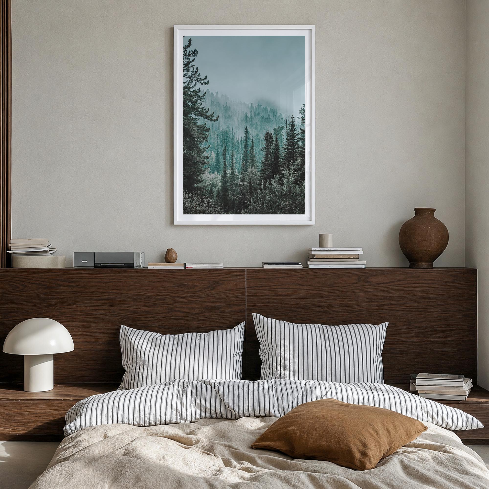 Foggy Forest no. 2 colorful photo poster – vertical wall art in white wood frame with white border, hanging on wall