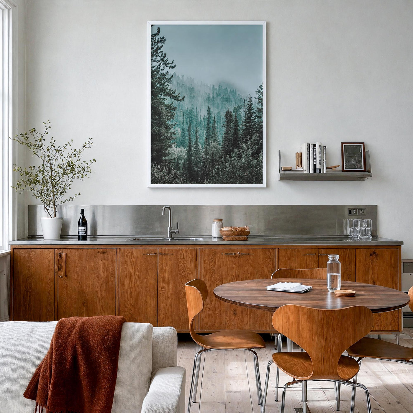 Foggy Forest no. 2 colorful photo poster – vertical wall art in white wood frame, hanging on wall