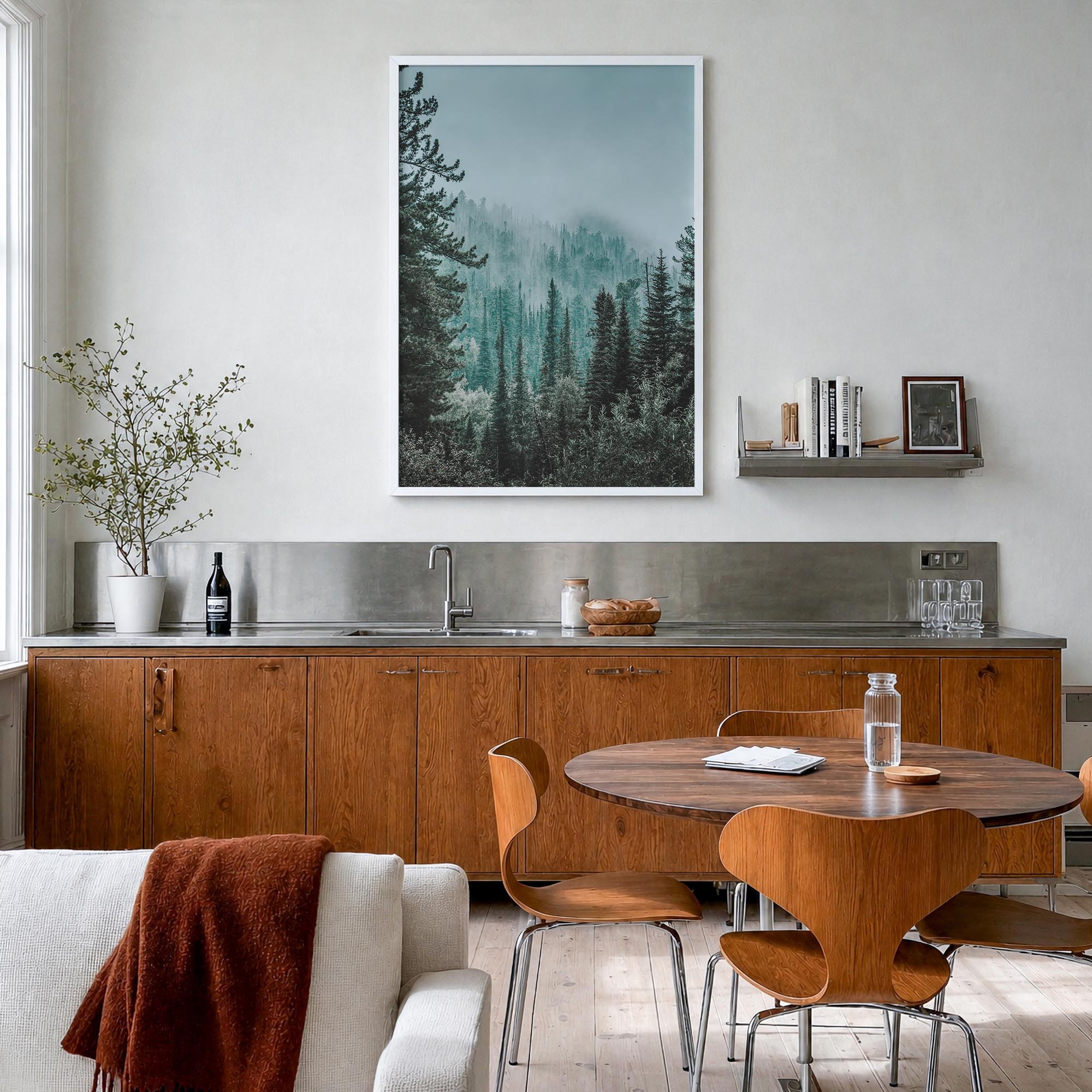 Foggy Forest no. 2 colorful photo poster – vertical wall art in white wood frame, hanging on wall
