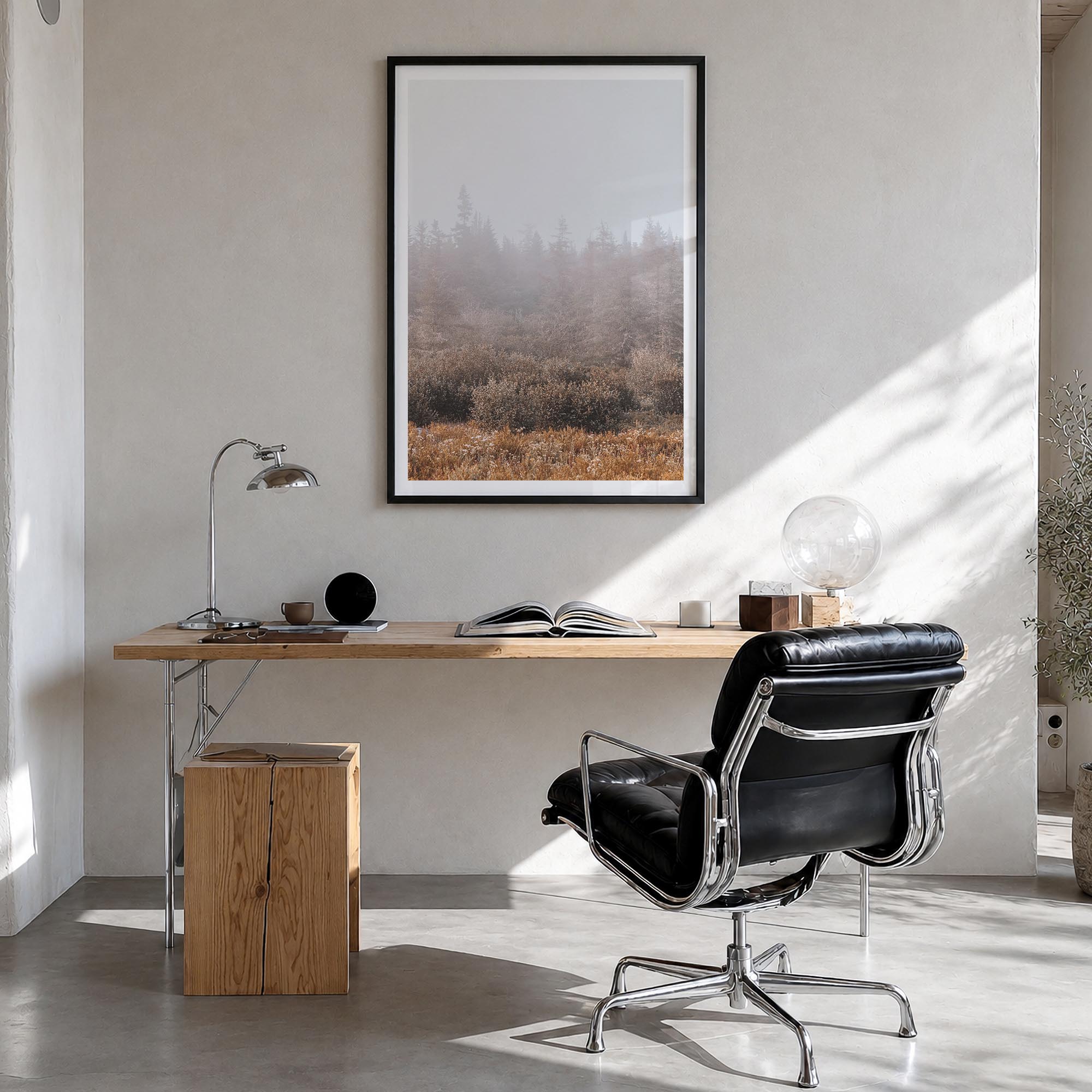 Foggy Forest no. 3 colorful photo poster – vertical wall art in black wood frame with white border, hanging on wall