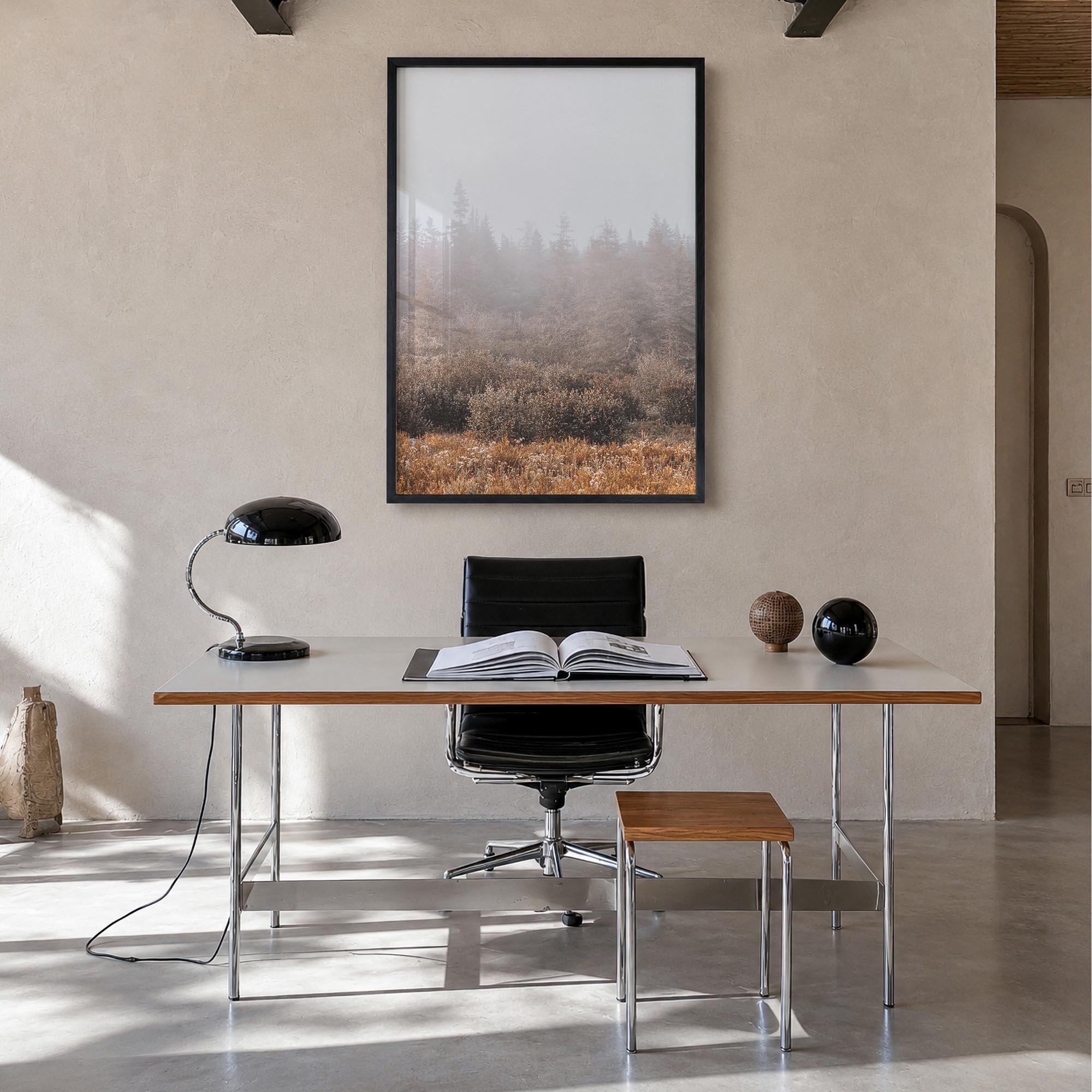 Foggy Forest no. 3 colorful photo poster – vertical wall art in black wood frame, hanging on wall