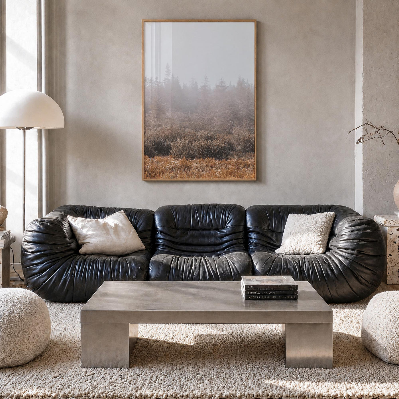 Foggy Forest no. 3 colorful photo poster – vertical wall art in natural wood frame, hanging on wall