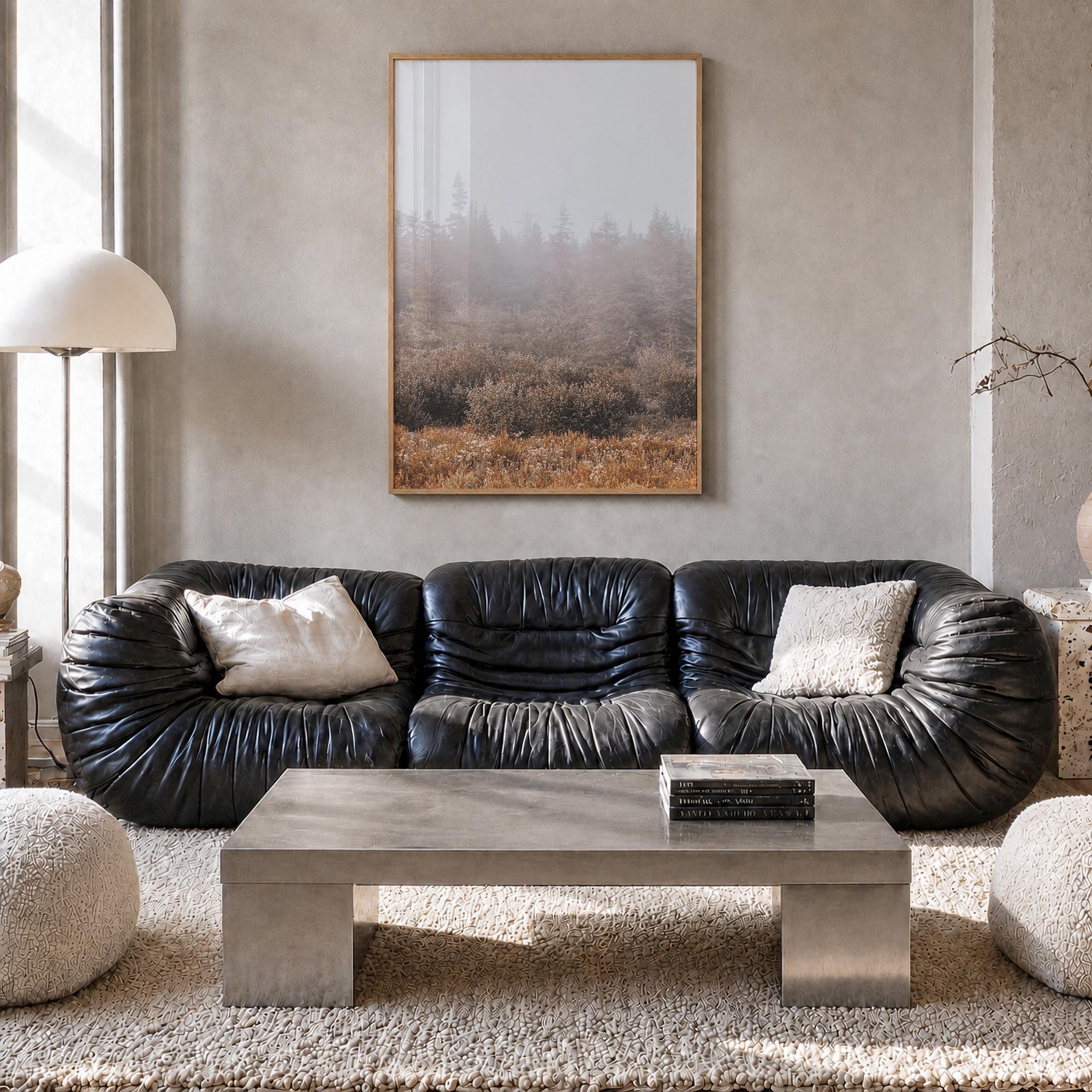 Foggy Forest no. 3 colorful photo poster – vertical wall art in natural wood frame, hanging on wall