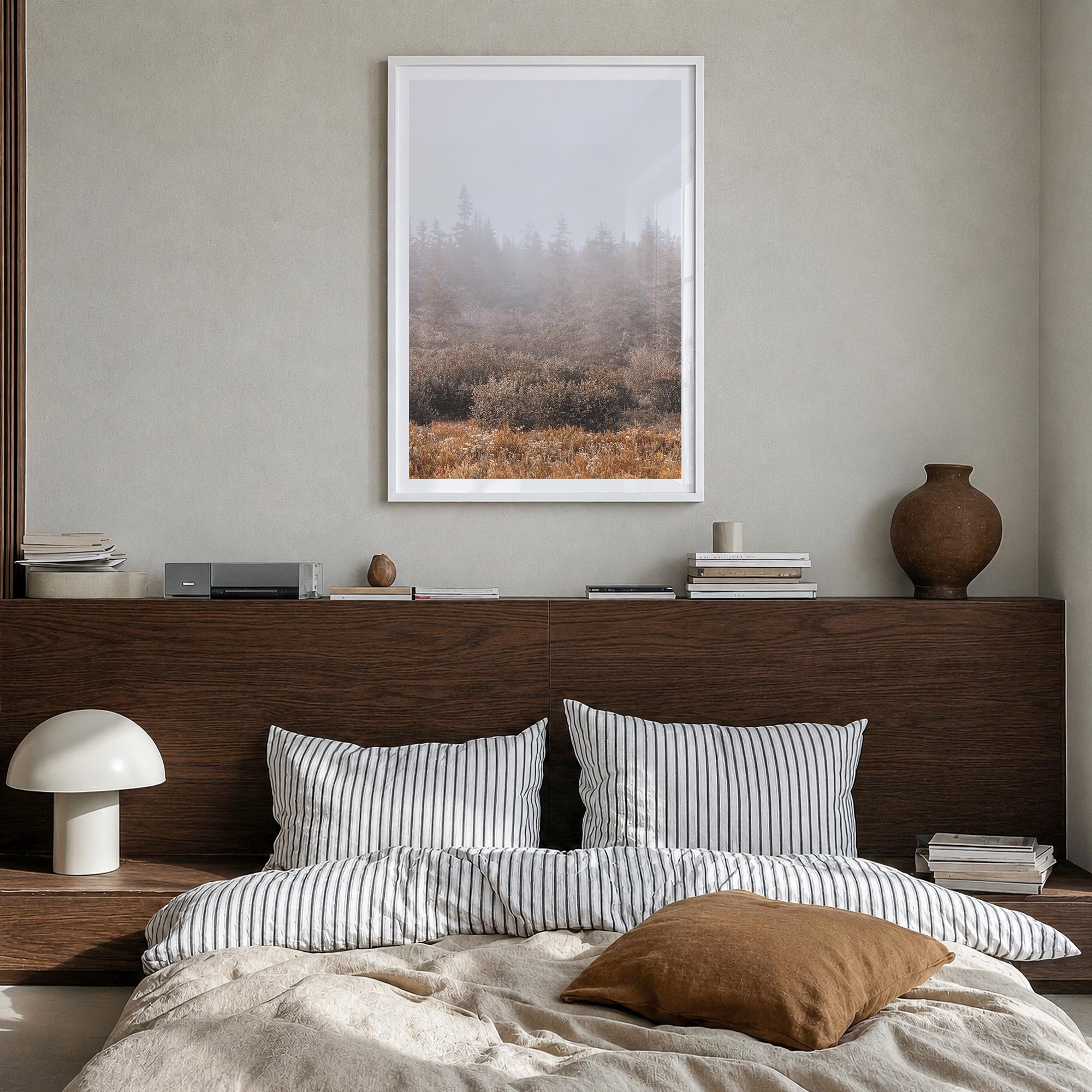 Foggy Forest no. 3 colorful photo poster – vertical wall art in white wood frame with white border, hanging on wall