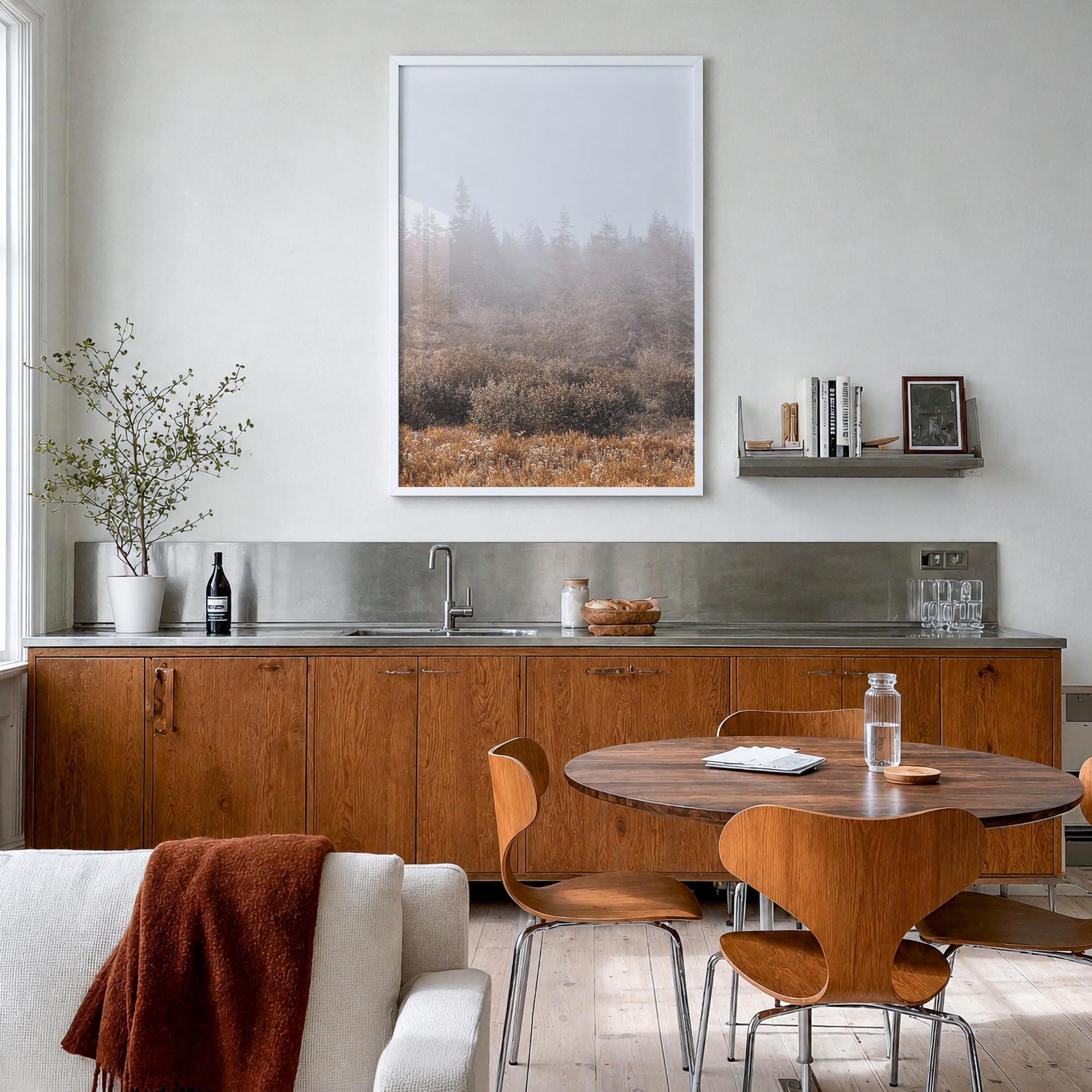 Foggy Forest no. 3 colorful photo poster – vertical wall art in white wood frame, hanging on wall