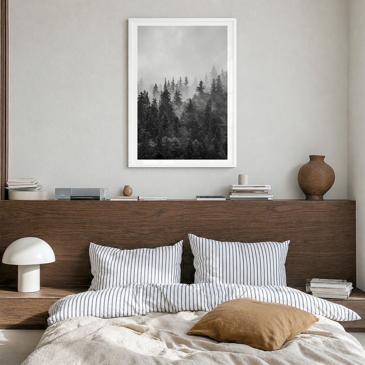 Foggy Forest Photo No 1 Poster in a white wood frame, hanging in a bedroom, white border