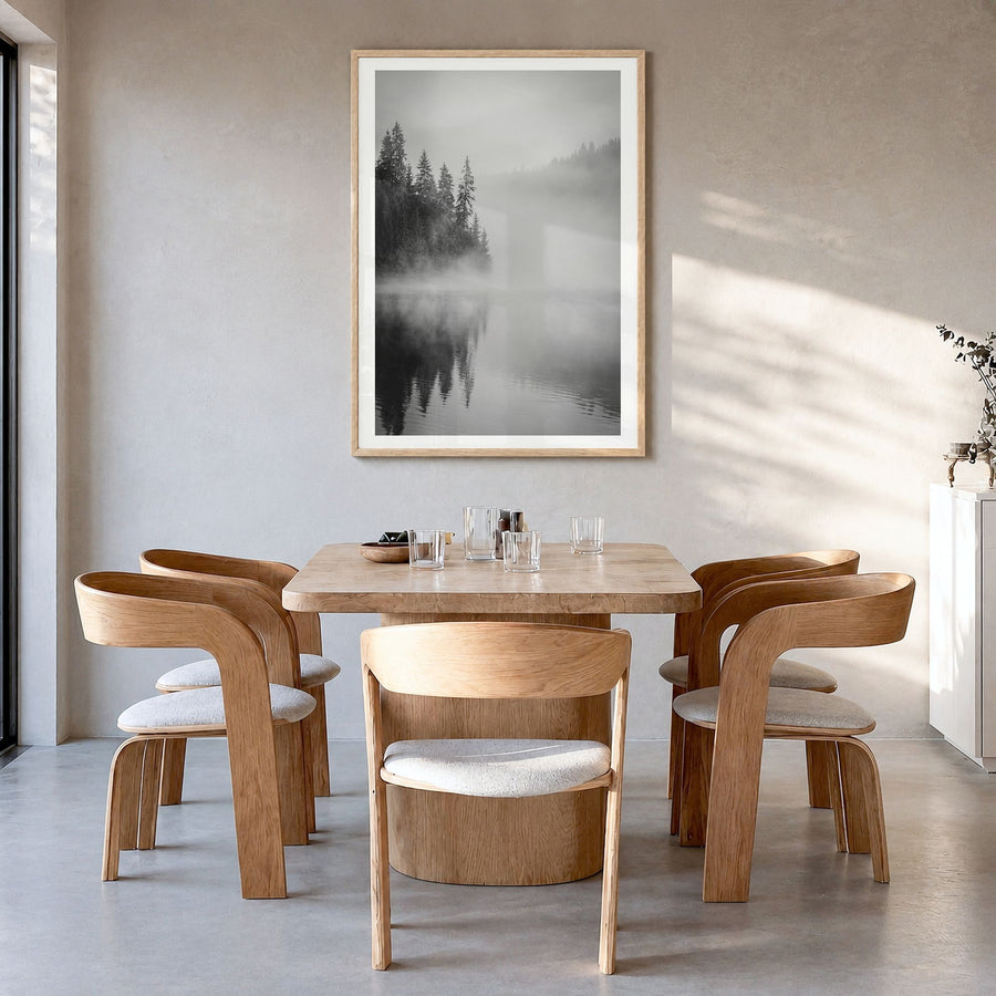 Foggy Forest Photo No 2 Poster in a natural wood frame, hanging in a dining room, white border