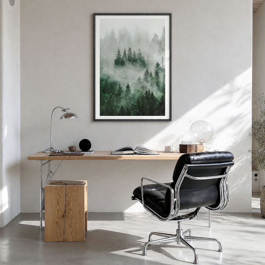 Foggy Forest Photo No 1 Poster in a black wood frame, hanging in a bright home office, white border