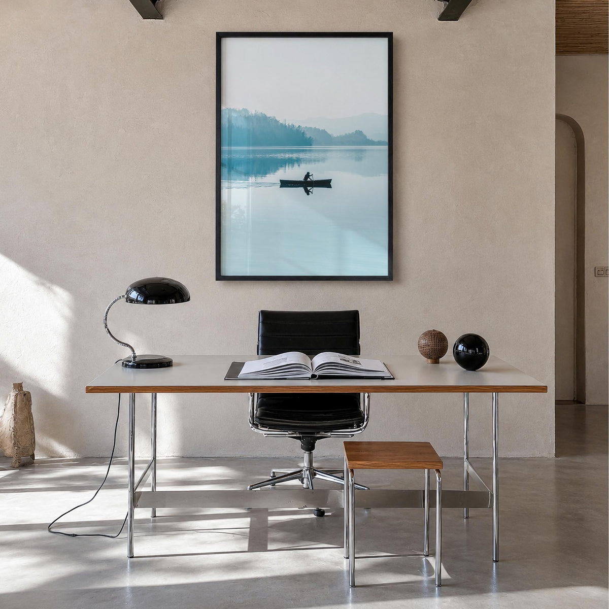 Foggy Lake Boat colorful photo poster – vertical wall art in black wood frame, hanging on wall