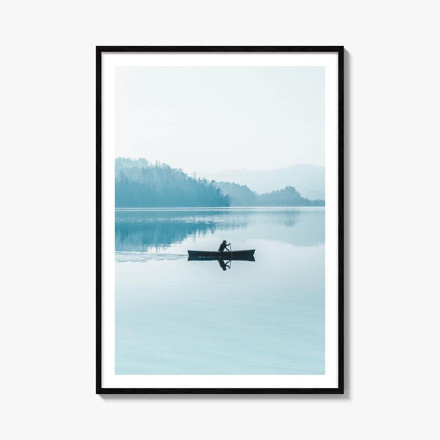 Foggy Lake Boat colorful photo poster – vertical wall art, unframed print shown in interior mockup