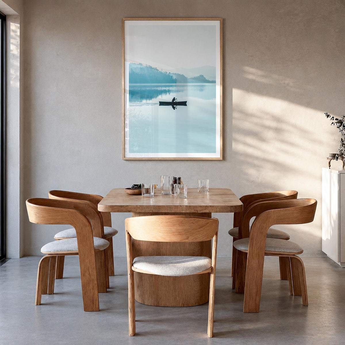Foggy Lake Boat colorful photo poster – vertical wall art in natural wood frame with white border, hanging on wall