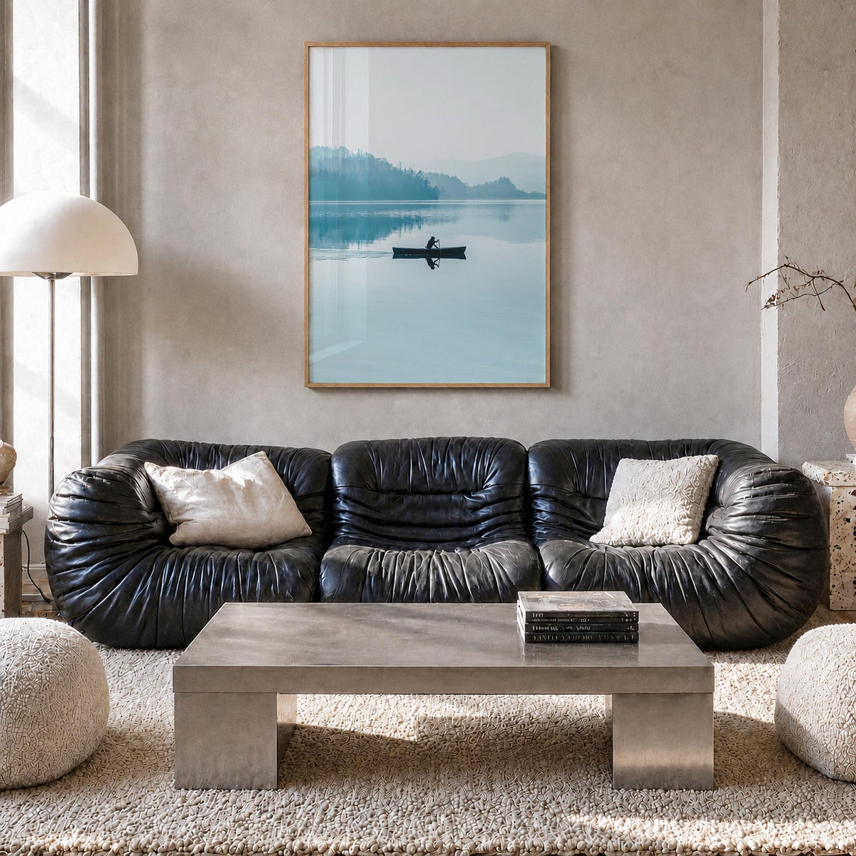 Foggy Lake Boat colorful photo poster – vertical wall art in natural wood frame, hanging on wall