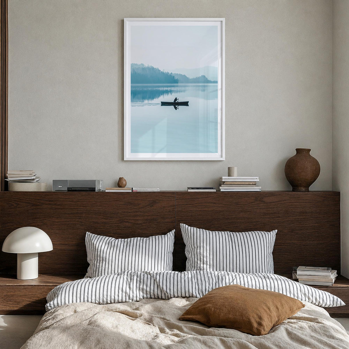 Foggy Lake Boat colorful photo poster – vertical wall art in white wood frame with white border, hanging on wall