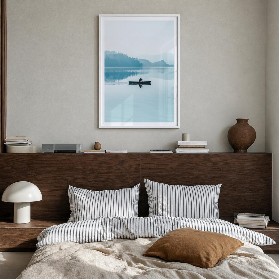 Foggy Lake Boat colorful photo poster – vertical wall art in white wood frame with white border, hanging on wall