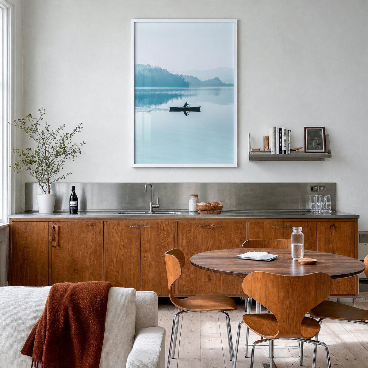 Foggy Lake Boat colorful photo poster – vertical wall art in white wood frame, hanging on wall