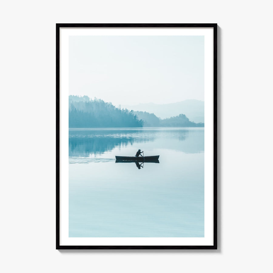 Foggy Lake Boat Photo Poster, framed poster mockup, white border
