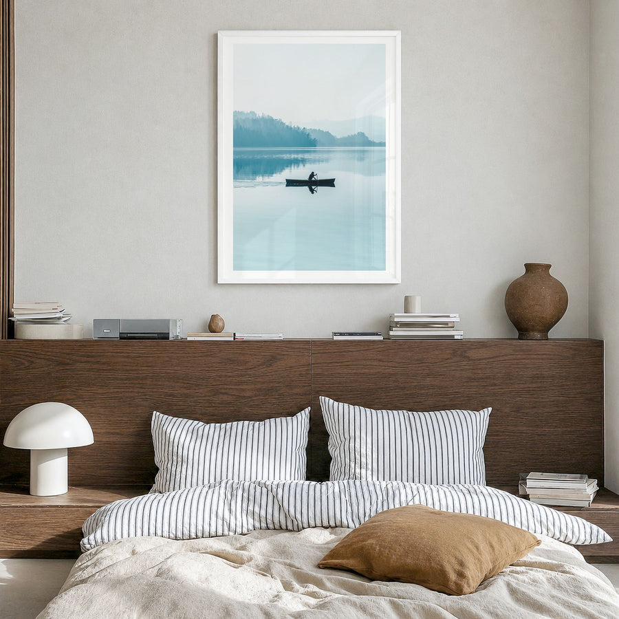 Foggy Lake Boat Photo Poster in a white wood frame, hanging in a bedroom, white border