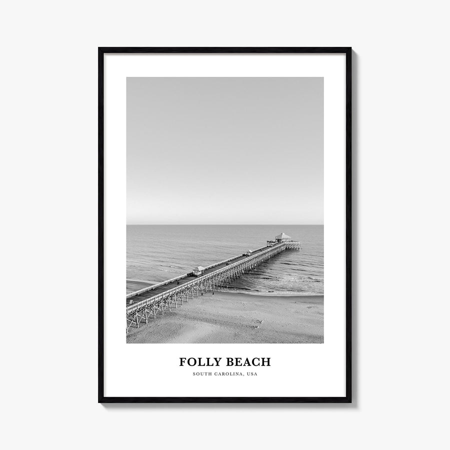 Folly Beach black & white classic poster of South Carolina, USA – vertical wall art, unframed print shown in interior mockup