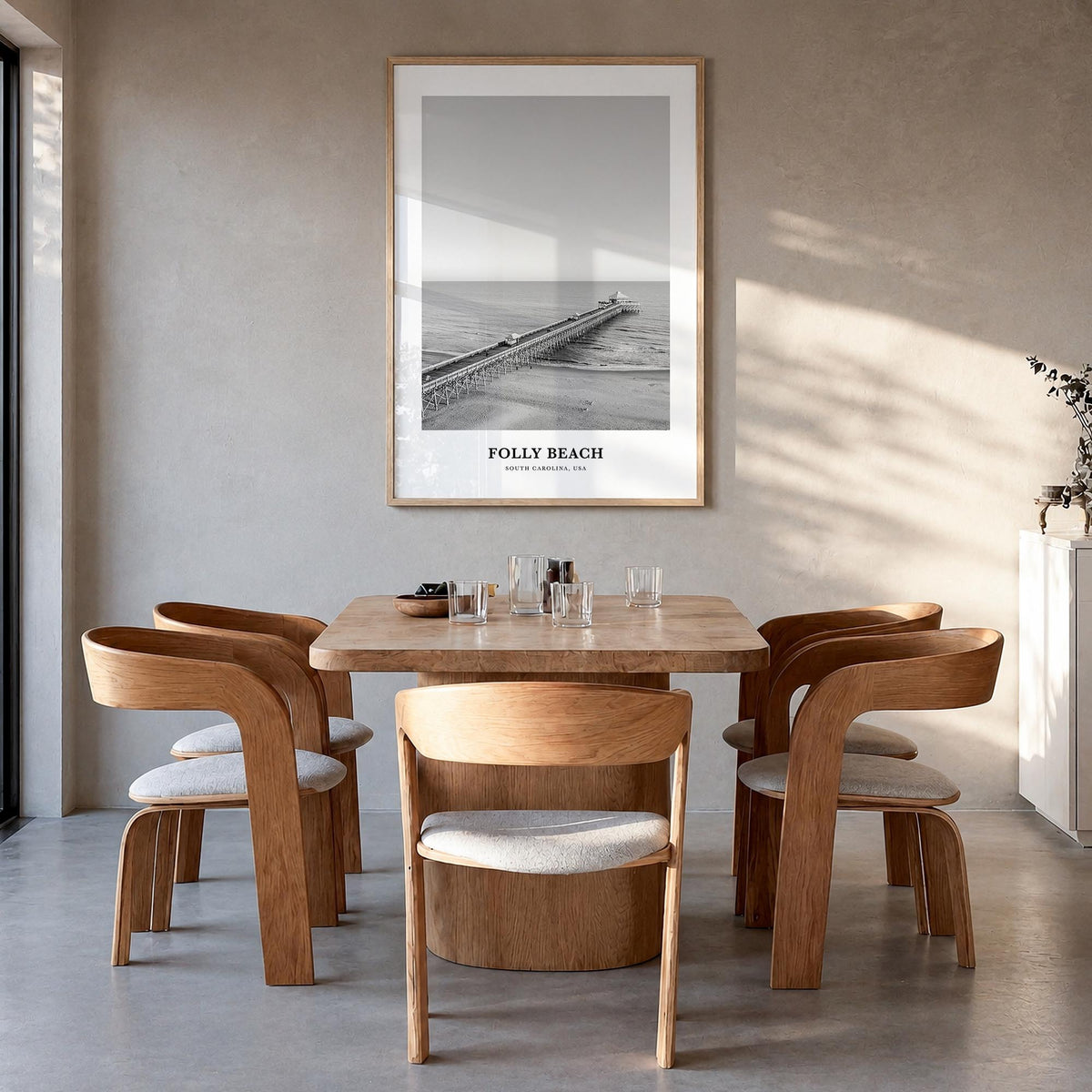 Folly Beach black & white classic poster of South Carolina, USA – vertical wall art in natural wood frame, hanging on wall